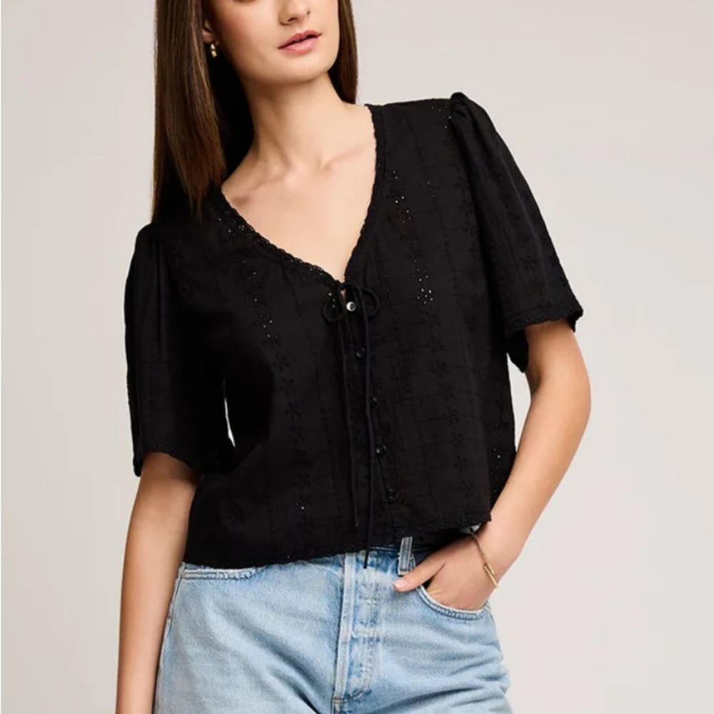 Black Eyelet Button-Up Blouse